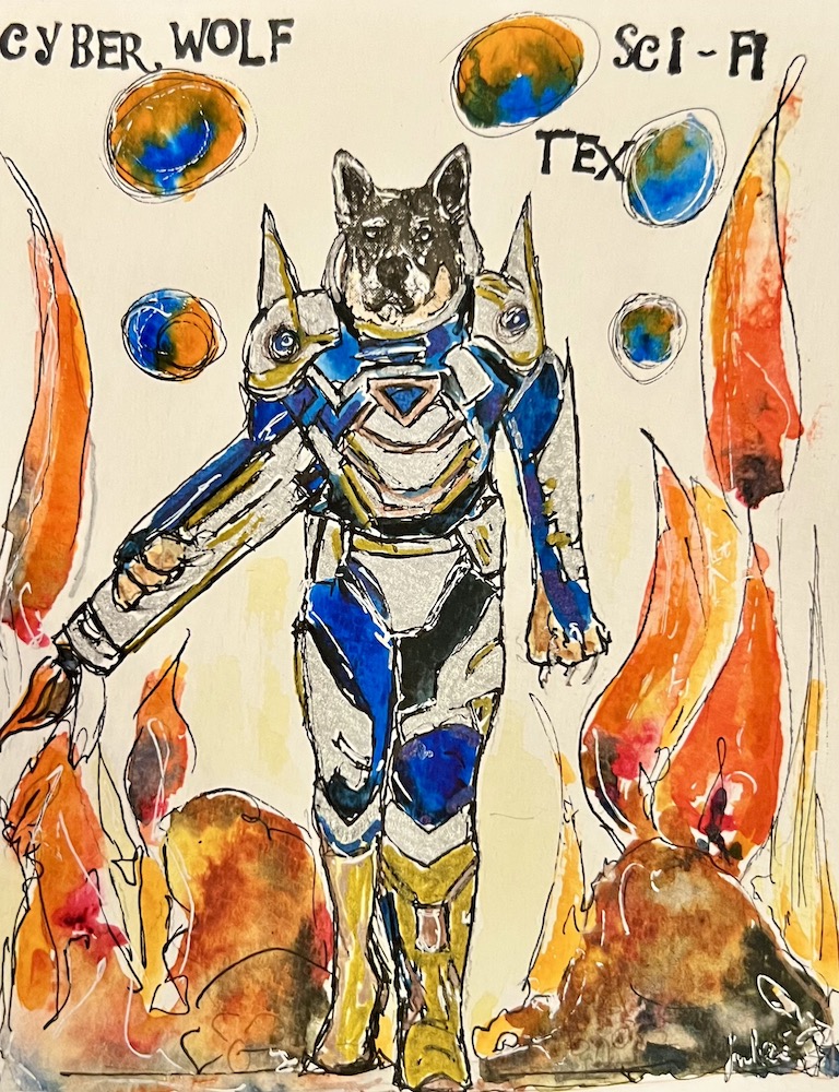 Sci-Fi Cyber wolf drawing in line and wash by Jules Smith