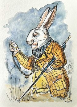 A line and wash depiction of The White Rabbit in Alice in Wonderland looking at his watch. Art by Jules Smith