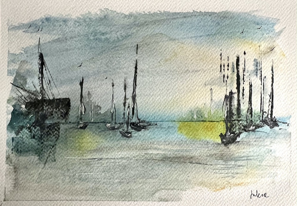 A watercolour of sailboats on a lake. 