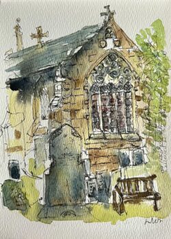 line and wash of an English church and graveyard. Art by Jules Smith