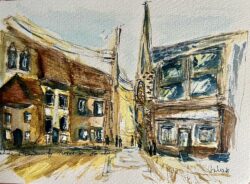 street art by Jules Smith - a watercolour line and wash of a village street