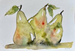 a watercolour painting of pears by British artist Jules Smith