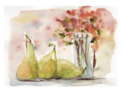 a beautiful watercolour depicting a vase of flowers and 3 pears